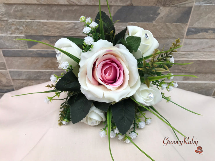 Pink Centre Silk & Ivory Roses With Gypsophila *Limited Edition*