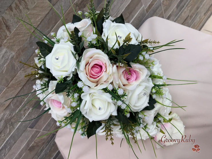 Pink Centre Silk & Ivory Roses With Gypsophila *Limited Edition*