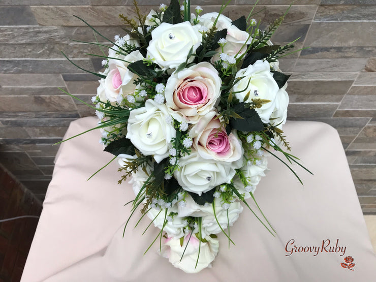 Pink Centre Silk & Ivory Roses With Gypsophila *Limited Edition*