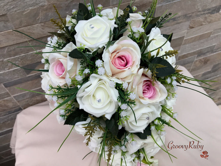 Pink Centre Silk & Ivory Roses With Gypsophila *Limited Edition*