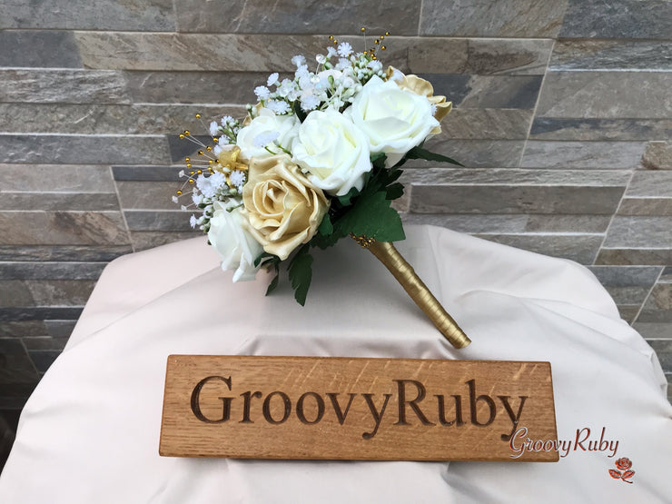 Champagne, Light Gold & Ivory Roses With Gypsophila