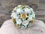 Champagne, Light Gold & Ivory Roses With Gypsophila