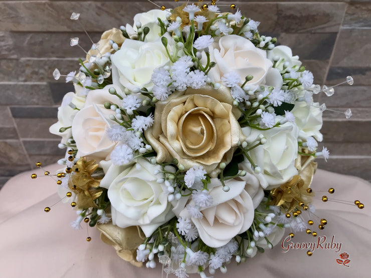 Champagne, Light Gold & Ivory Roses With Gypsophila