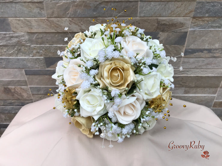 Champagne, Light Gold & Ivory Roses With Gypsophila