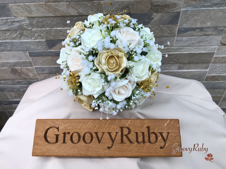 Champagne, Light Gold & Ivory Roses With Gypsophila