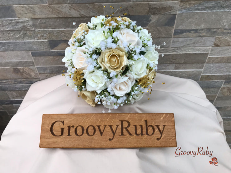 Champagne, Light Gold & Ivory Roses With Gypsophila