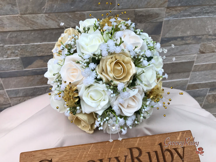 Champagne, Light Gold & Ivory Roses With Gypsophila