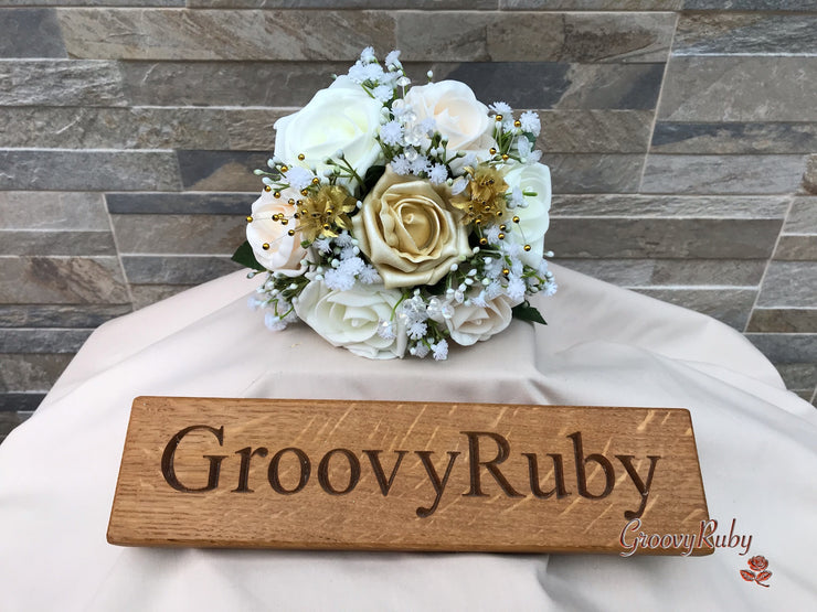 Champagne, Light Gold & Ivory Roses With Gypsophila