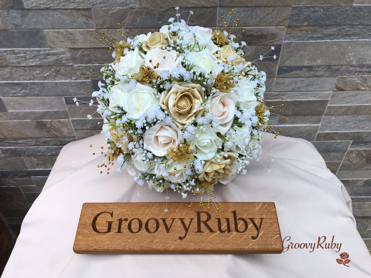 Champagne, Light Gold & Ivory Roses With Gypsophila