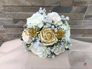 Champagne, Light Gold & Ivory Roses With Gypsophila