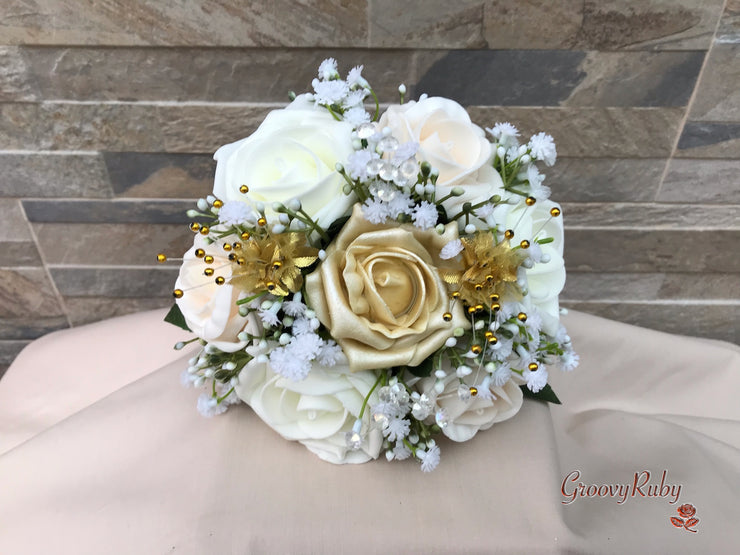 Champagne, Light Gold & Ivory Roses With Gypsophila