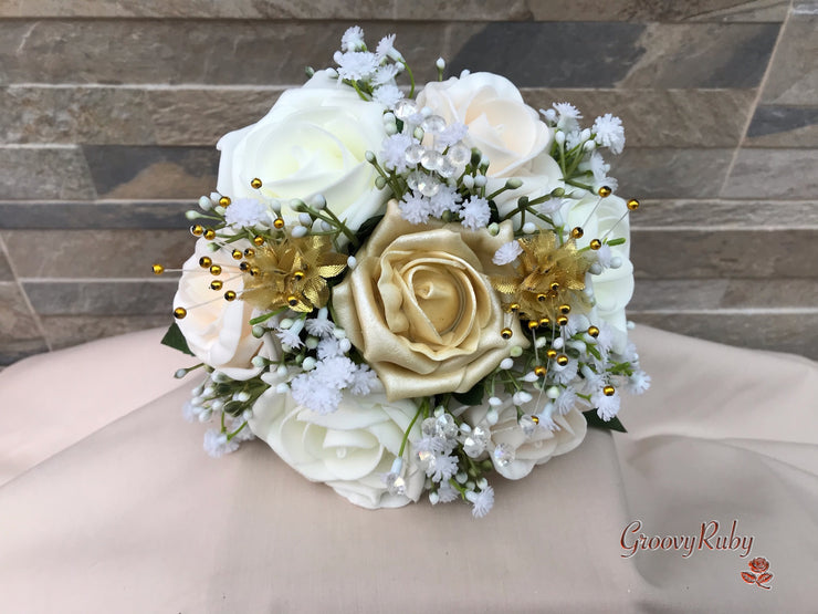 Champagne, Light Gold & Ivory Roses With Gypsophila
