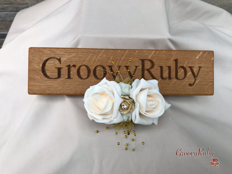 Champagne, Light Gold & Ivory Roses With Gypsophila