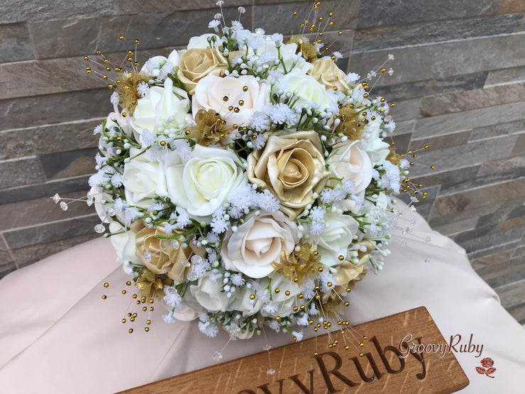 Champagne, Light Gold & Ivory Roses With Gypsophila
