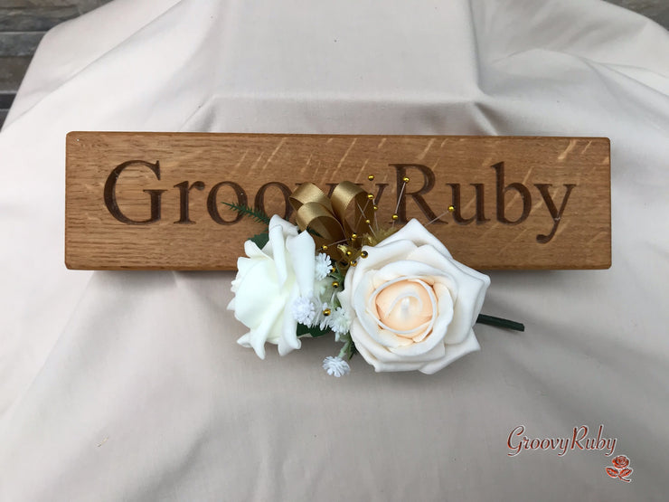 Champagne, Light Gold & Ivory Roses With Gypsophila