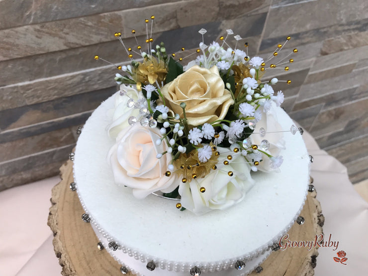 Champagne, Light Gold & Ivory Roses With Gypsophila