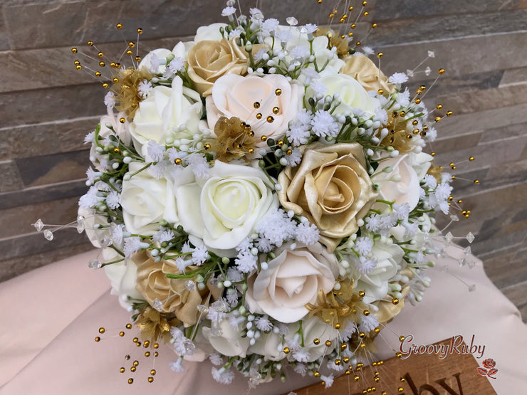 Champagne, Light Gold & Ivory Roses With Gypsophila