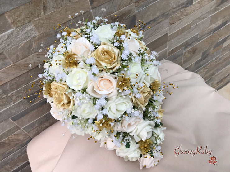 Champagne, Light Gold & Ivory Roses With Gypsophila