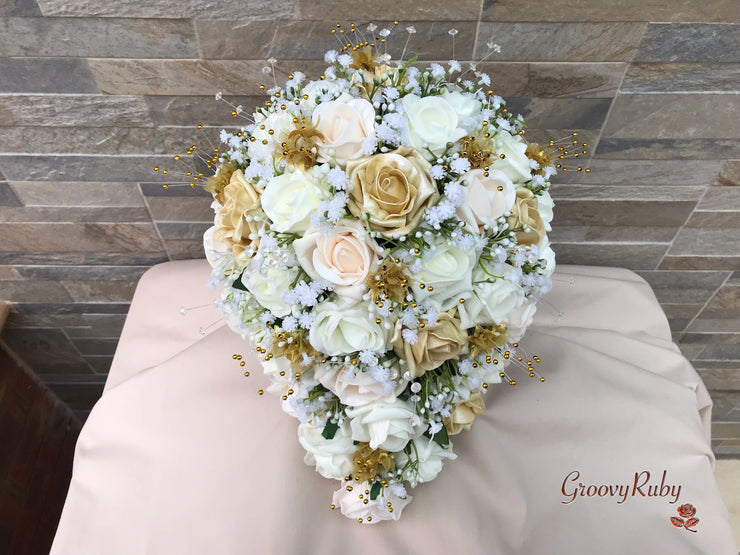 Champagne, Light Gold & Ivory Roses With Gypsophila