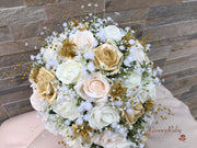 Champagne, Light Gold & Ivory Roses With Gypsophila