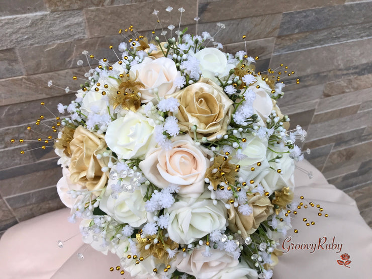 Champagne, Light Gold & Ivory Roses With Gypsophila