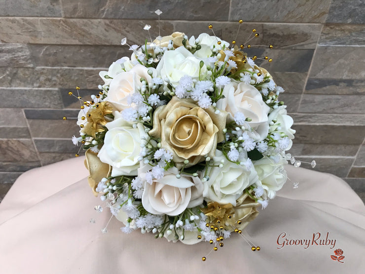 Champagne, Light Gold & Ivory Roses With Gypsophila