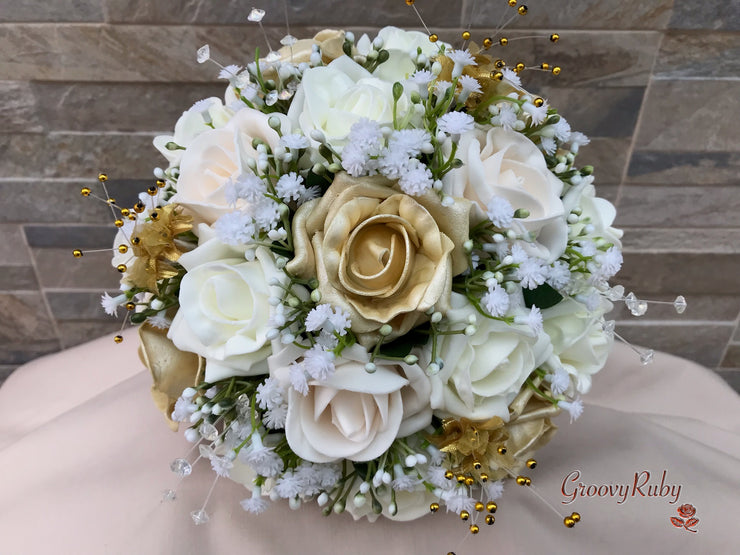 Champagne, Light Gold & Ivory Roses With Gypsophila