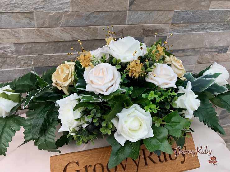Champagne, Light Gold & Ivory Roses With Gypsophila