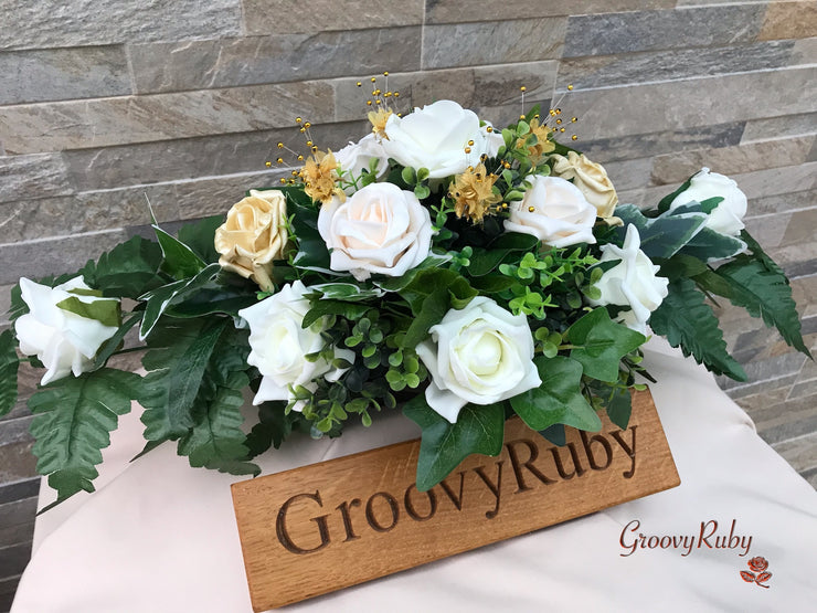 Champagne, Light Gold & Ivory Roses With Gypsophila