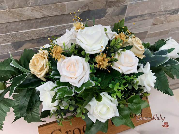 Champagne, Light Gold & Ivory Roses With Gypsophila
