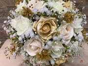 Champagne, Light Gold & Ivory Roses With Gypsophila
