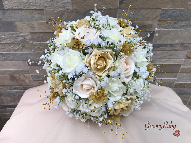 Champagne, Light Gold & Ivory Roses With Gypsophila