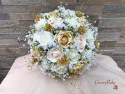 Champagne, Light Gold & Ivory Roses With Gypsophila