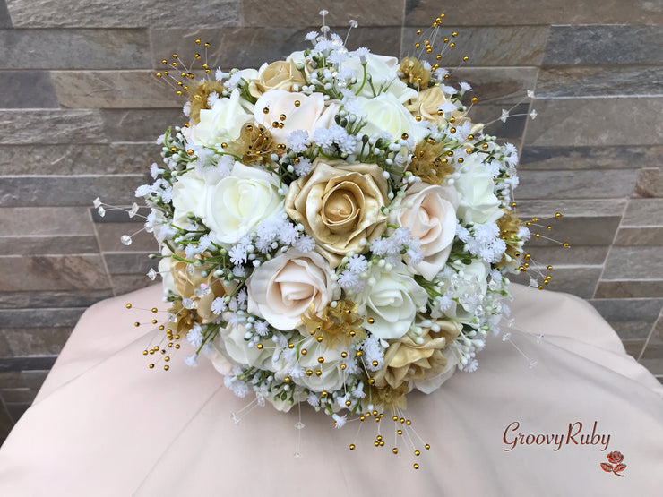 Champagne, Light Gold & Ivory Roses With Gypsophila