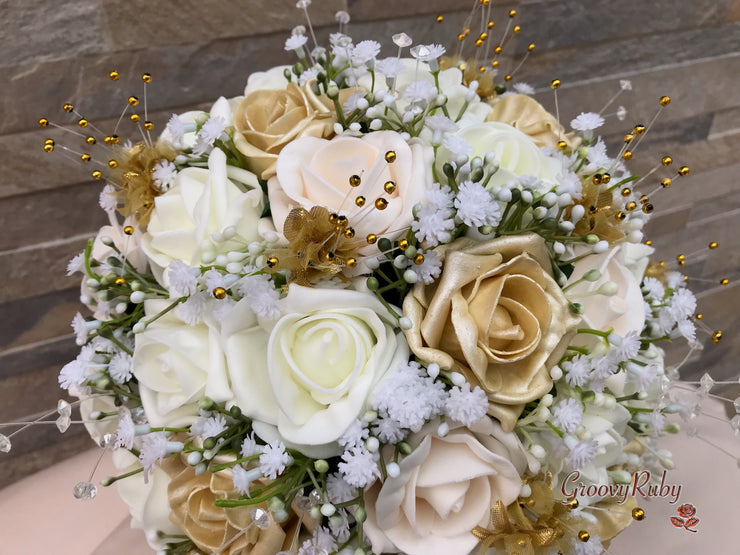 Champagne, Light Gold & Ivory Roses With Gypsophila
