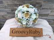 Champagne, Light Gold & Ivory Roses With Gypsophila