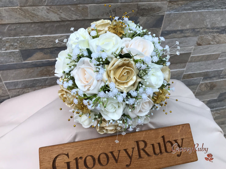Champagne, Light Gold & Ivory Roses With Gypsophila