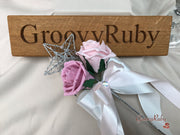 Grey & Mixed Pink Foam Roses With Gypsophila & Crystal