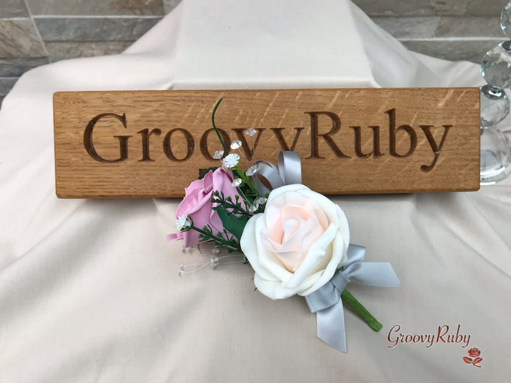 Grey & Mixed Pink Foam Roses With Gypsophila & Crystal