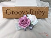 Grey & Mixed Pink Foam Roses With Gypsophila & Crystal