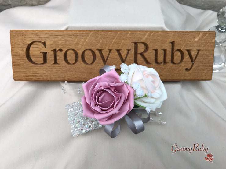 Grey & Mixed Pink Foam Roses With Gypsophila & Crystal