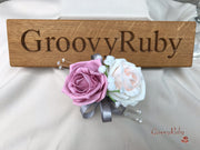 Grey & Mixed Pink Foam Roses With Gypsophila & Crystal