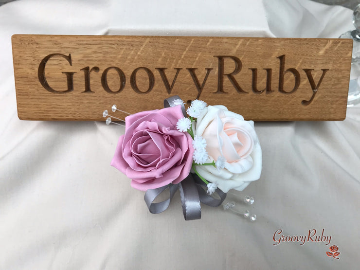 Grey & Mixed Pink Foam Roses With Gypsophila & Crystal