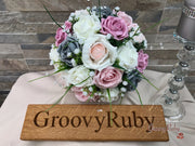 Grey & Mixed Pink Foam Roses With Gypsophila & Crystal