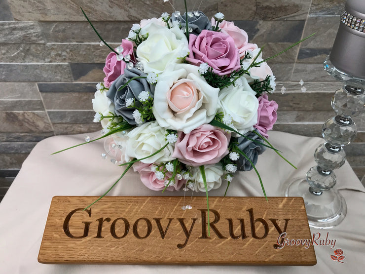 Grey & Mixed Pink Foam Roses With Gypsophila & Crystal