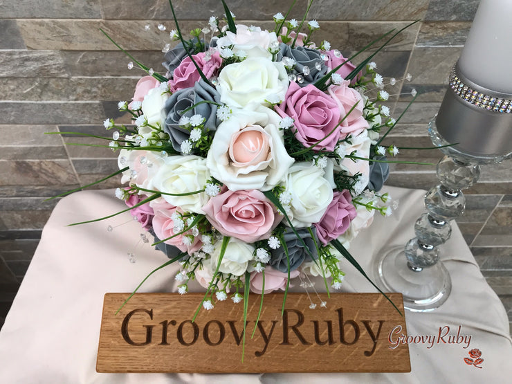 Grey & Mixed Pink Foam Roses With Gypsophila & Crystal