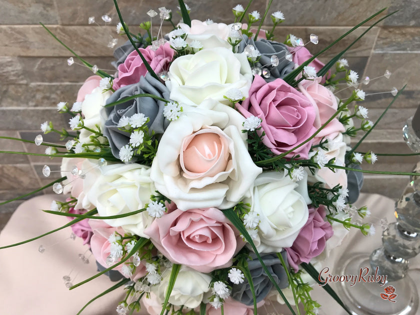 Grey & Mixed Pink Foam Roses With Gypsophila & Crystal – GroovyRuby Ltd