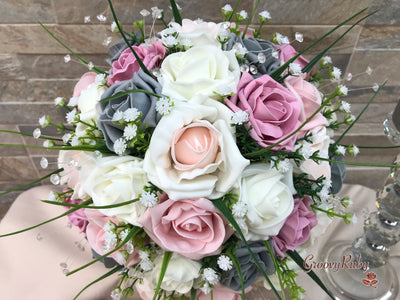 Grey & Mixed Pink Foam Roses With Gypsophila & Crystal