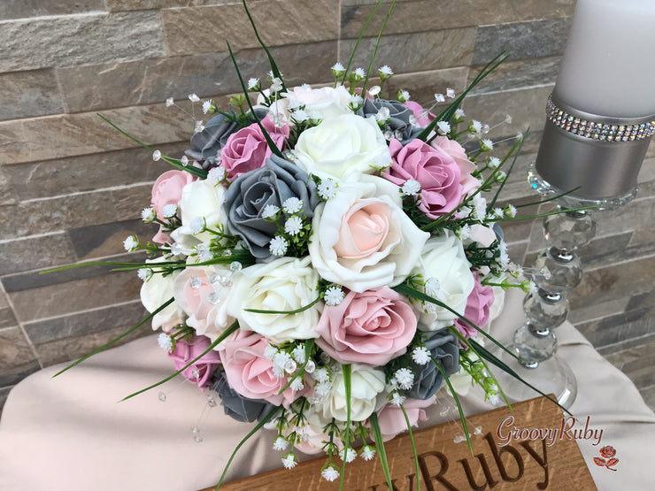 Grey & Mixed Pink Foam Roses With Gypsophila & Crystal