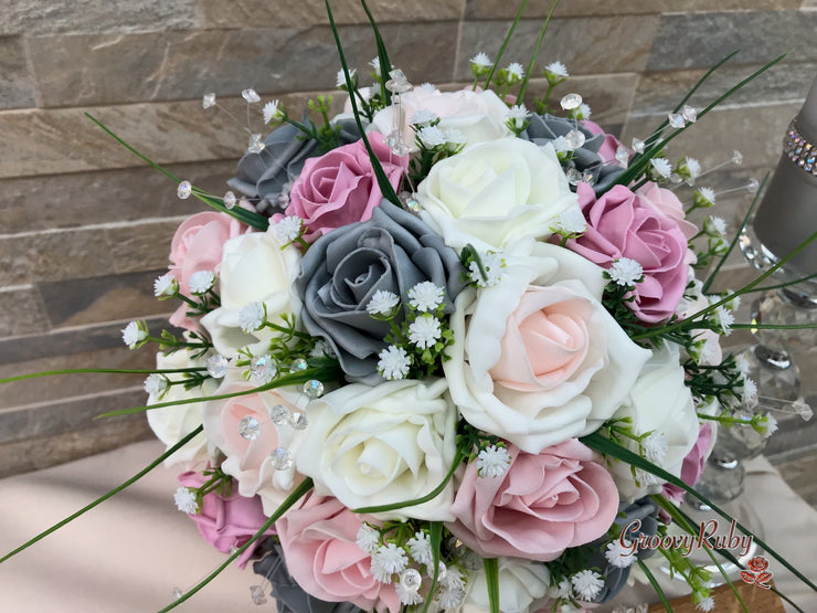 Grey & Mixed Pink Foam Roses With Gypsophila & Crystal